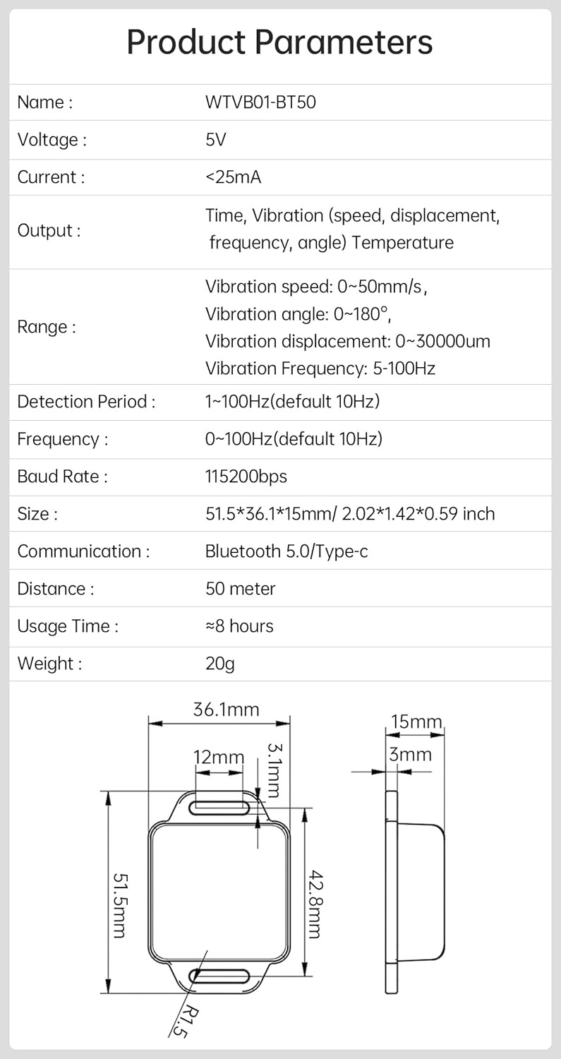 WITMOTION [مستشعر الاهتزاز BLE] وحدة الاهتزاز الذكية WTVB01-BT50 لأردوينو، كاشف اهتزاز ثلاثي المحاور (السعة + التردد + الإزاحة + السرعة)، مراقب صدمة المحرك اللاسلكي - Image 3